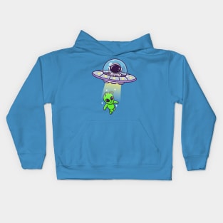 Cute Astronaut Catching Alien With Ufo Cartoon Kids Hoodie